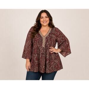 Catherines Red Paisley Tunic Blouse Boho Work Office Womens Plus Size 3x